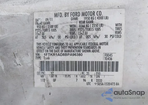 2011 Ford Ranger Xl из США, поврежденный, VIN 1FTKR1AD8BPA96380